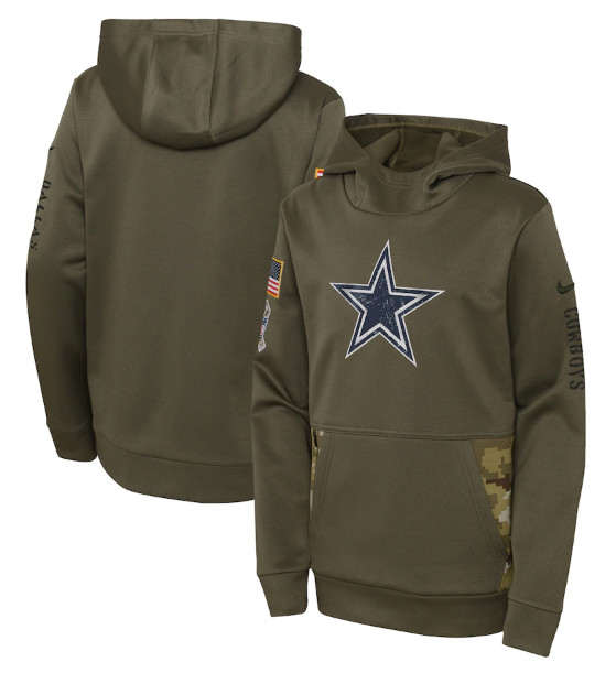 Youth Dallas Cowboys 2022 Olive Salute to Service Therma Performance Pullover Hoodie